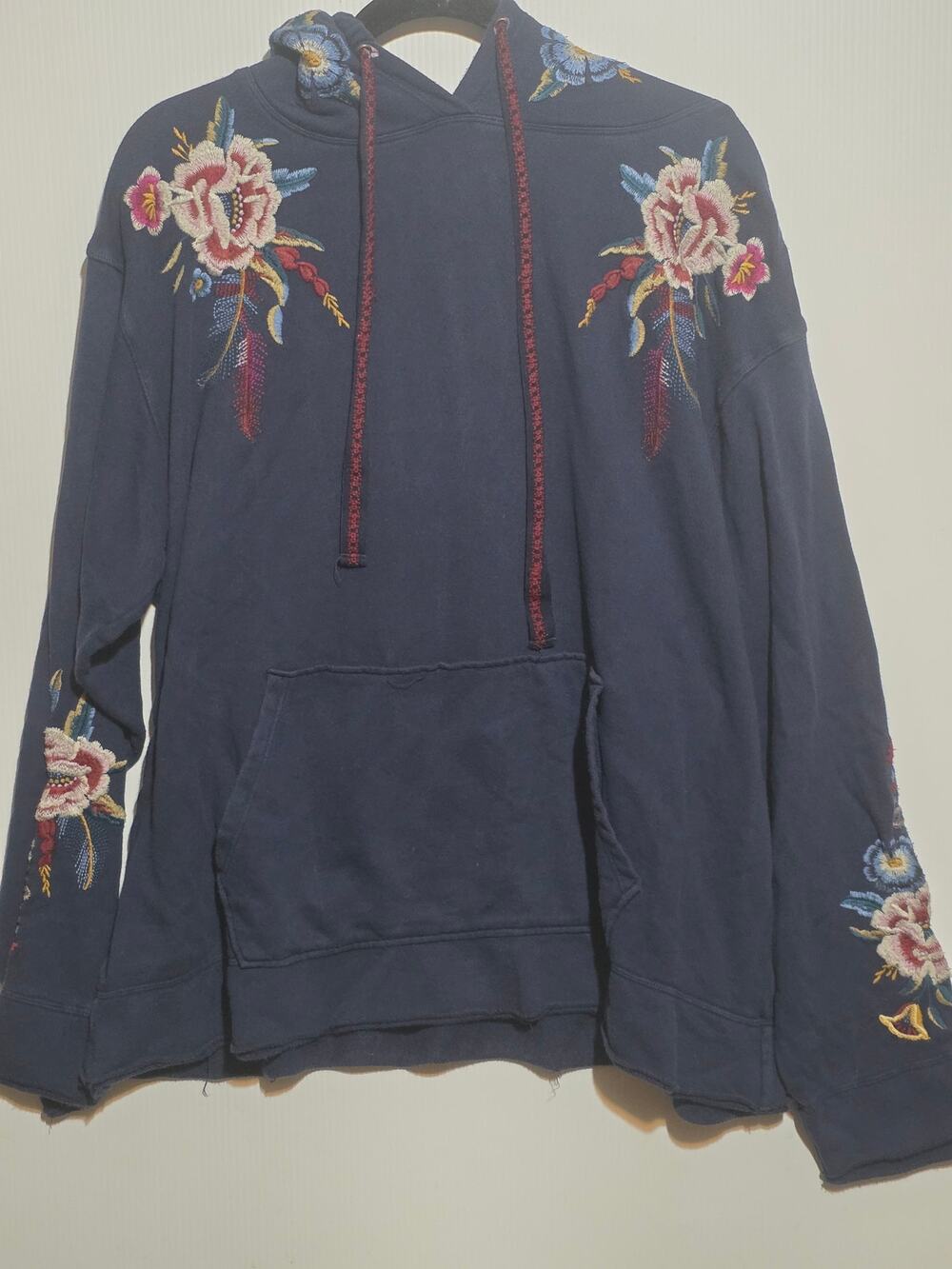 Johnny Was Large Navy Blue Embroidered Floral Hoodie Sweatshirt Boho Chic